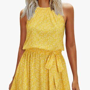 Yellow Stretchy Floral Halter Dress - L
